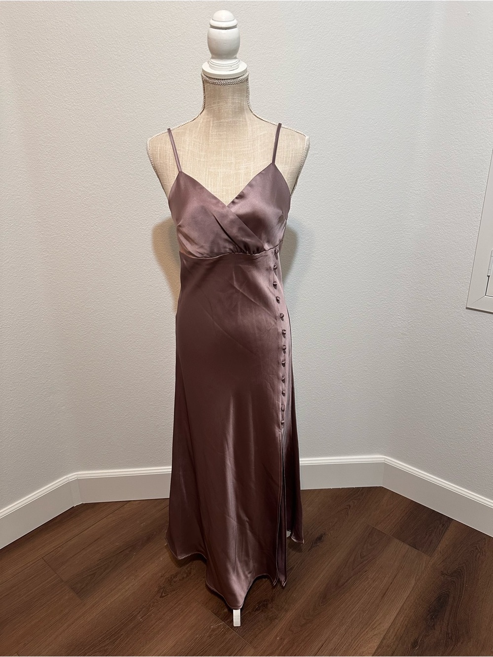 Dress Forum Slate Purple Satin Midi Slip Dress with Side Button Trim